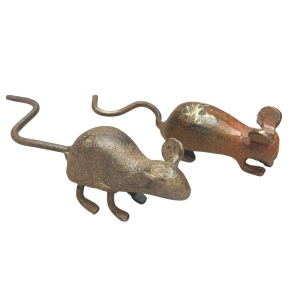 Pair Vintage Style Cast Iron Mice Rat Paper Weight ~3.5 - 4'' long Miniature - Picture 1 of 8